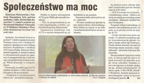Artykuł o spotkaniu nt. ACTA, wolności w internecie opublikowany w Nowym Wyszkowiaku nr 13/2012