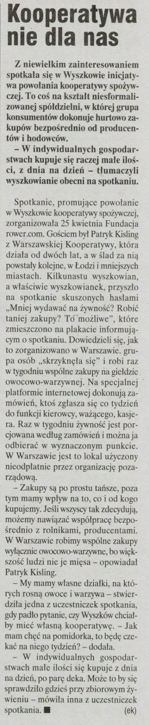 Artykuł o spotkaniu nt. kooperatywy spożywczej w Wyszkowie, opublikowany w Nowym Wyszkowiaku nr 18/2012
