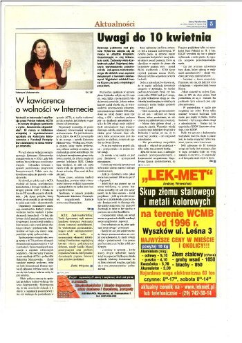 Artykuł o spotkaniu nt. ACTA, wolności w internecie opublikowany w Nowym Wyszkowiaku nr 13/2012