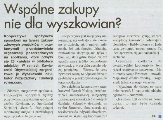 Artykuł o spotkaniu nt. kooperatywy spożywczej w Wyszkowie, opublikowany w Nowym Wyszkowiaku nr 18/2012
